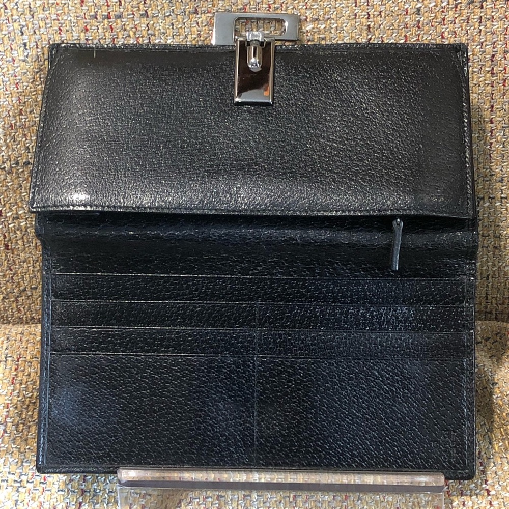 RARE GUCCI Black Lambskin Trifold Long Wallet with Silver G Clasp Vintage - Picture 5 of 17